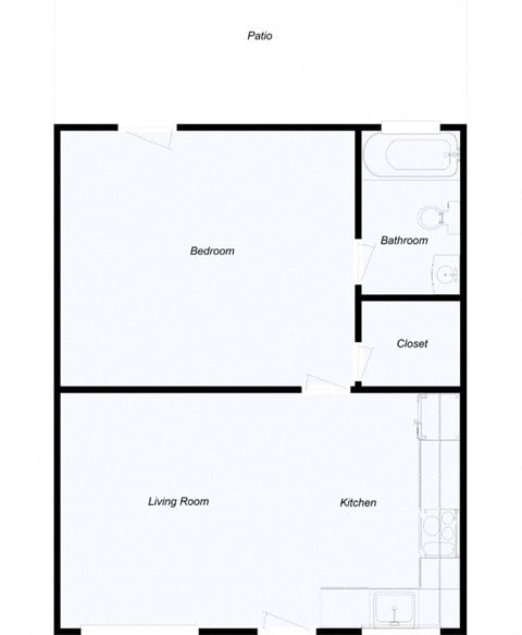 Floor plan for 1 bed, 1 bath, 715 sqft